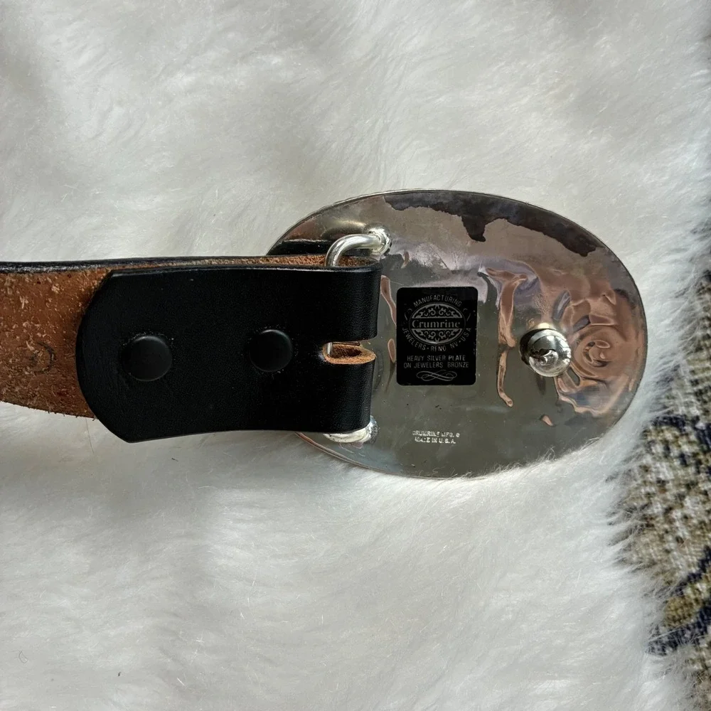 Vintage Crumrine Silver Plate Belt Size 30 Black Leather Western Floral Buckle L